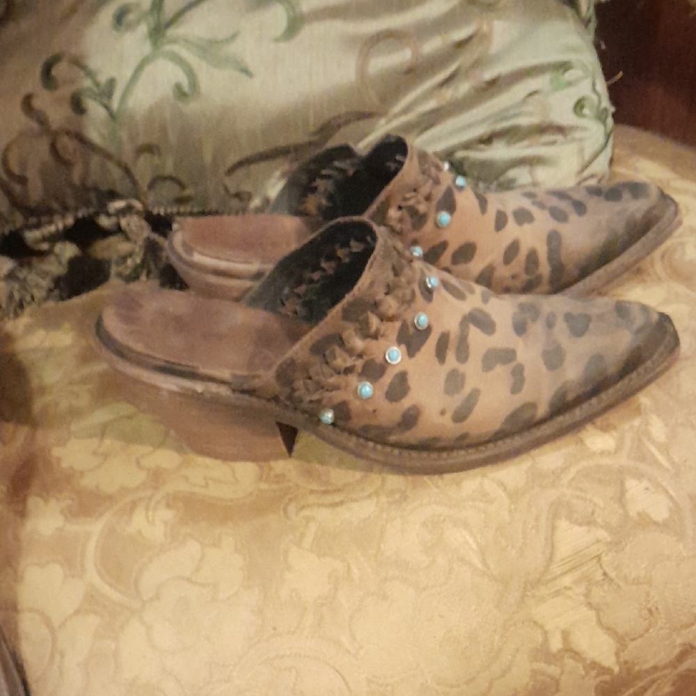LIBERTY Black Leopard Print Mules with Turquoise Details